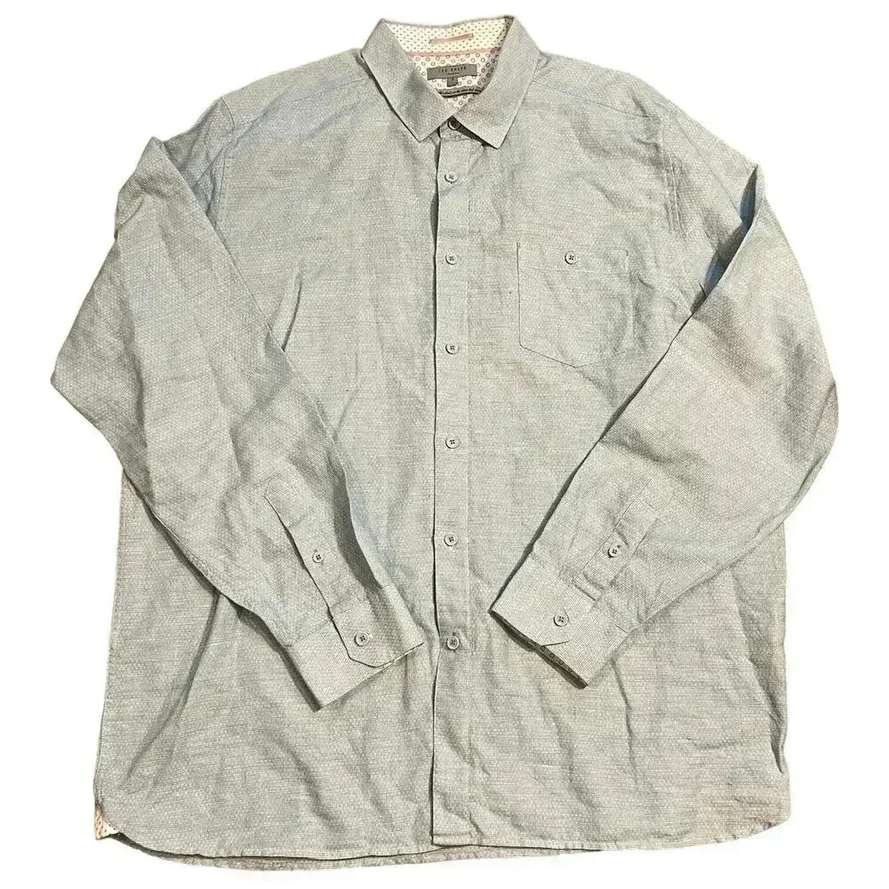 TED BAKER LONDON DRESS SHIRT Men’s Size 7 3XL Linen Blend Blue Button Down Print